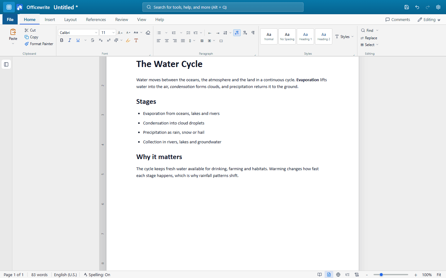 Officewrite editing a document titled The Water Cycle, showing the Home ribbon with the clipboard, font, paragraph and styles groups